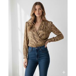 Paige Womens Sevilla Bodysuit Bronze Snake Long Sleeve V Neck Stretch Draped Med